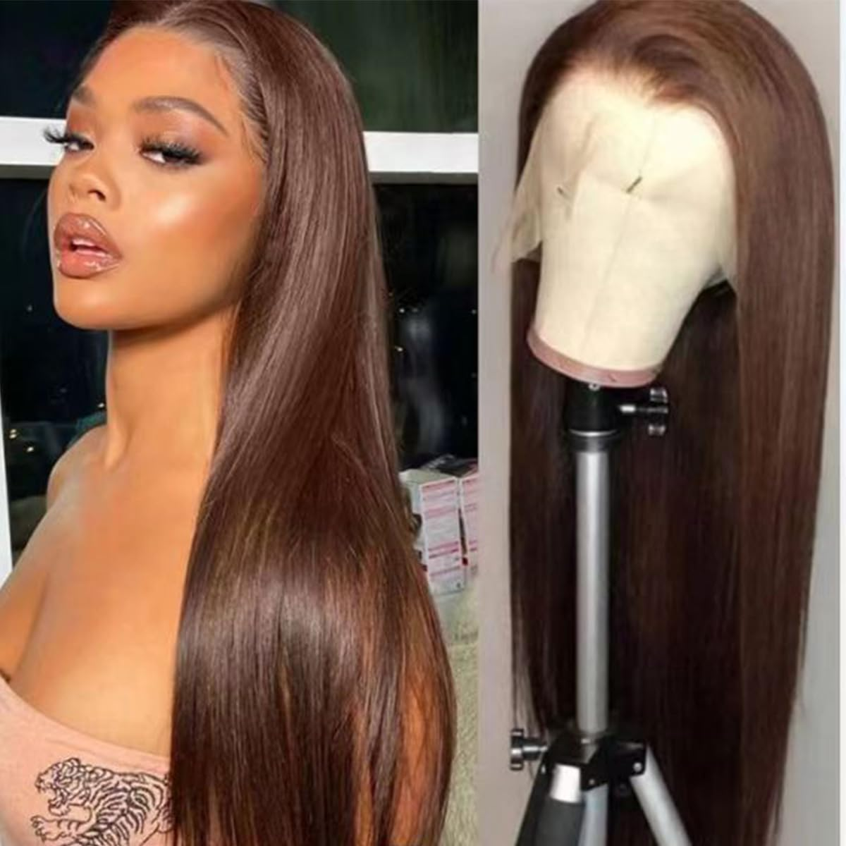 Synthetic Lace Front Auburn Wig Pre Plucked Dark Brown Glueless Wigs for Black Women Long Straight Wig with Natural Hairline 24Inch - Image 2
