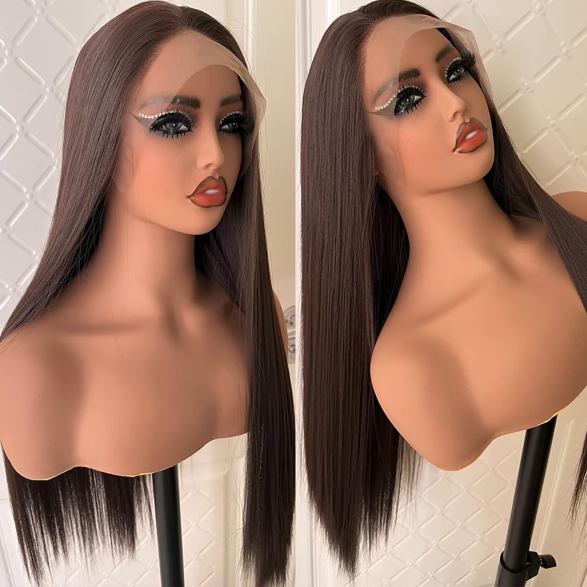 Synthetic Lace Front Auburn Wig Pre Plucked Dark Brown Glueless Wigs for Black Women Long Straight Wig with Natural Hairline 24Inch - Image 4