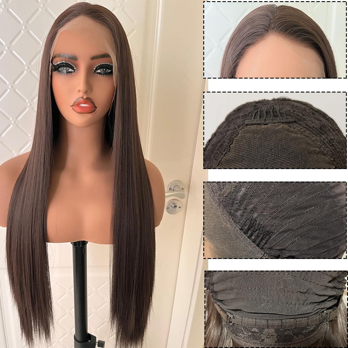 Synthetic Lace Front Auburn Wig Pre Plucked Dark Brown Glueless Wigs for Black Women Long Straight Wig with Natural Hairline 24Inch - Image 6