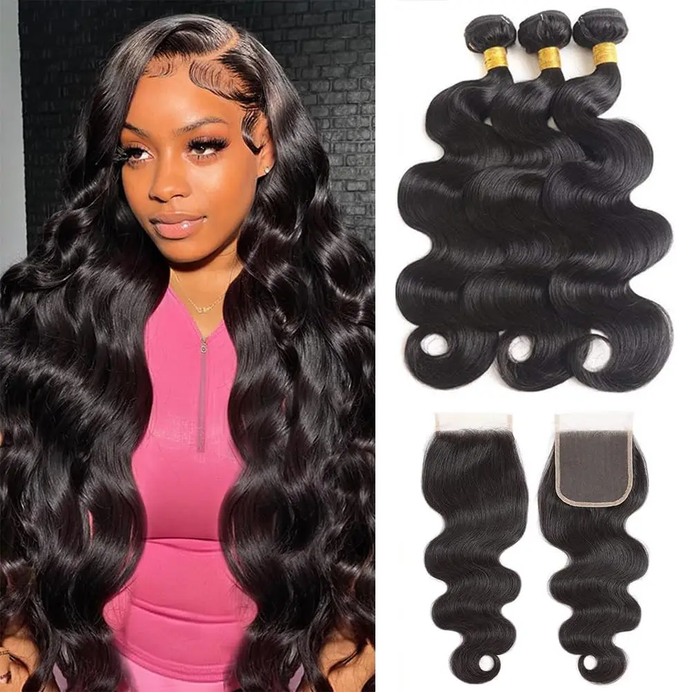 10A Brazilian Bundles with Closure Body Wave Bundles Human Hair With 4x4 Lace Closure Brown Blonde Colored 3/4 Bundles Hair Remy