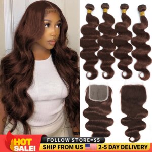 10A Brazilian Bundles with Closure Body Wave Bundles Human Hair With 4x4 Lace Closure Brown Blonde Colored 3/4 Bundles Hair Remy`