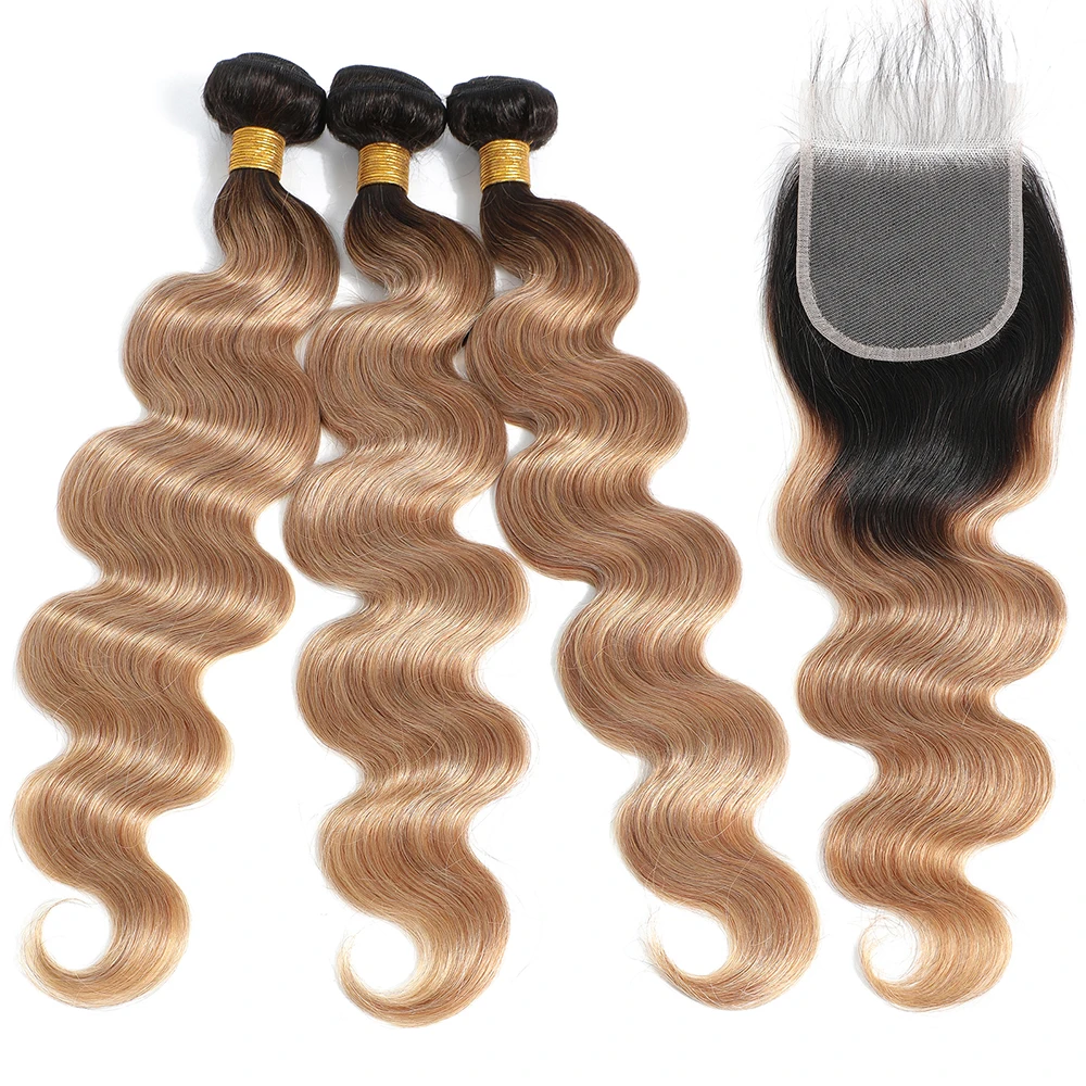 10A Brazilian Bundles with Closure Body Wave Bundles Human Hair With 4x4 Lace Closure Brown Blonde Colored 3/4 Bundles Hair Remy