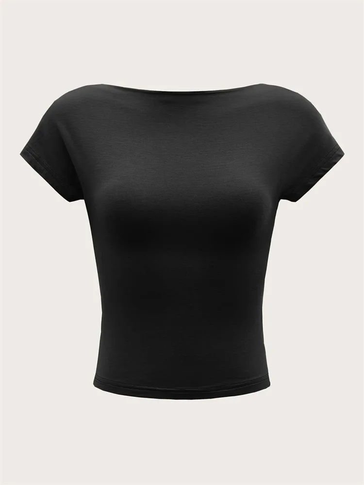 Women's O-neck Backless T-shirt Short Sleeve Solid Color Crop Top Summer Cute Baby Tee Y2K Clothes Bodycon Tunics Fashion Tank - Image 5