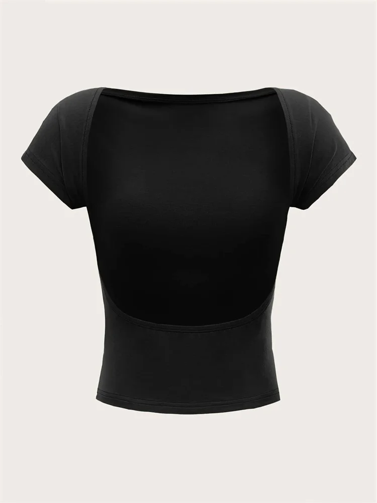 Women's O-neck Backless T-shirt Short Sleeve Solid Color Crop Top Summer Cute Baby Tee Y2K Clothes Bodycon Tunics Fashion Tank Women's O-neck Backless T-shirt Short Sleeve Solid Color Crop Top Summer Cute Baby Tee Y2K Clothes Bodycon Tunics Fashion Tank