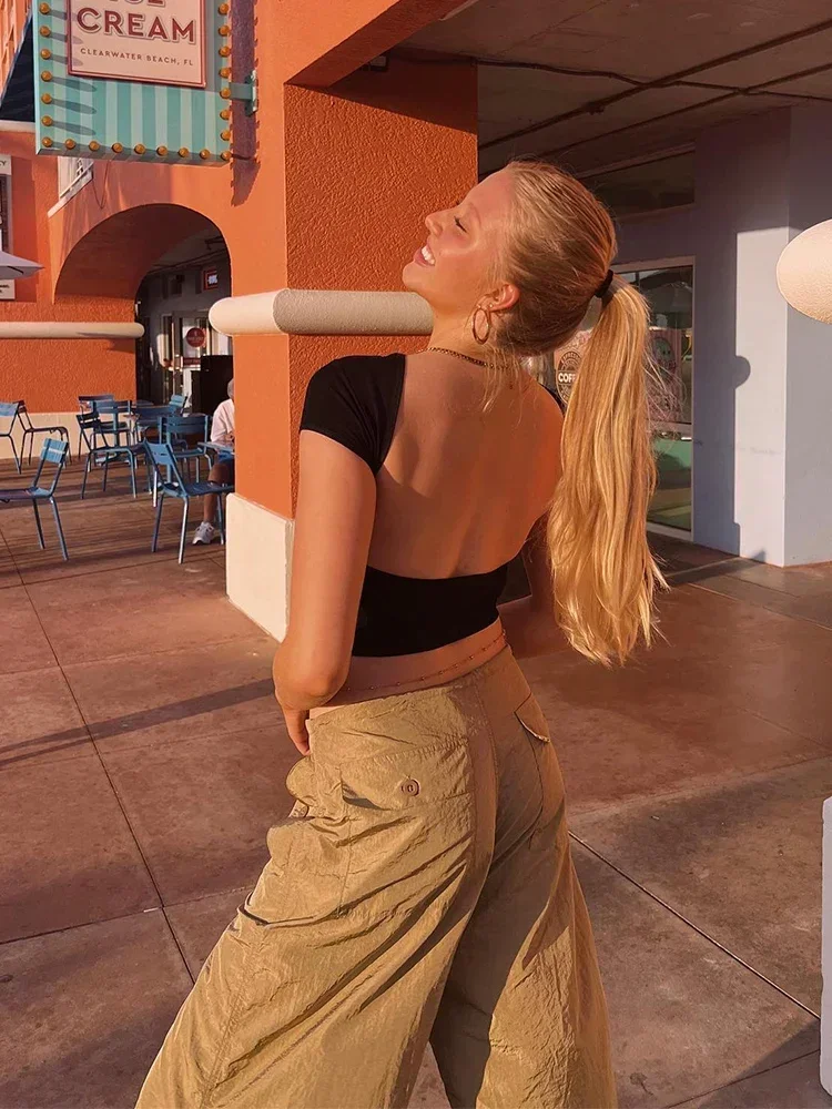 Women's O-neck Backless T-shirt Short Sleeve Solid Color Crop Top Summer Cute Baby Tee Y2K Clothes Bodycon Tunics Fashion Tank - Image 2