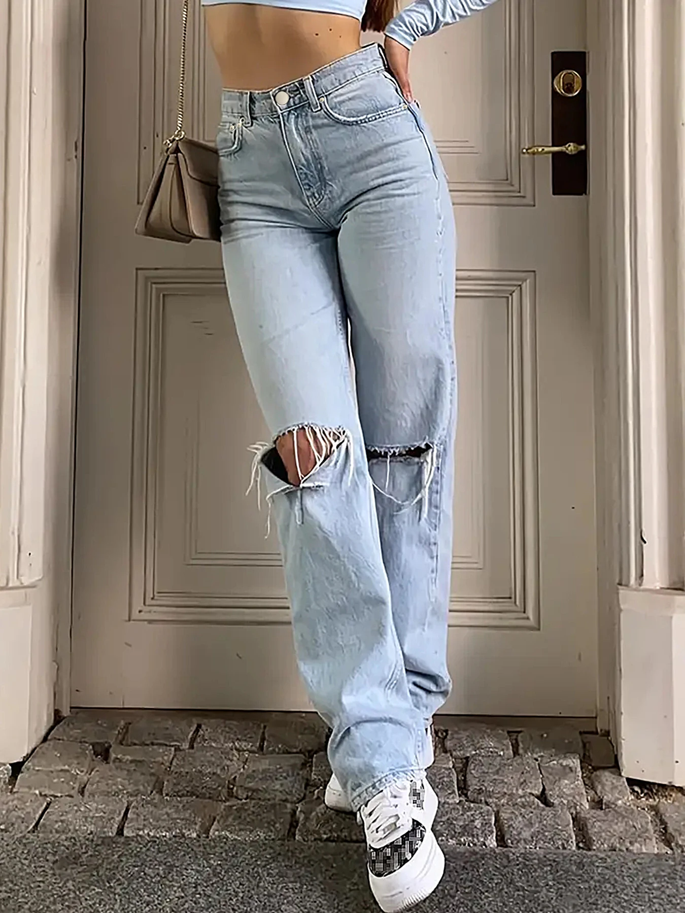 2024 women's new knee-piercing jeans women's loose comfortable casual all-match straight micro-elastic jeans 2024 women's new knee-piercing jeans women's loose comfortable casual all-match straight micro-elastic jeans