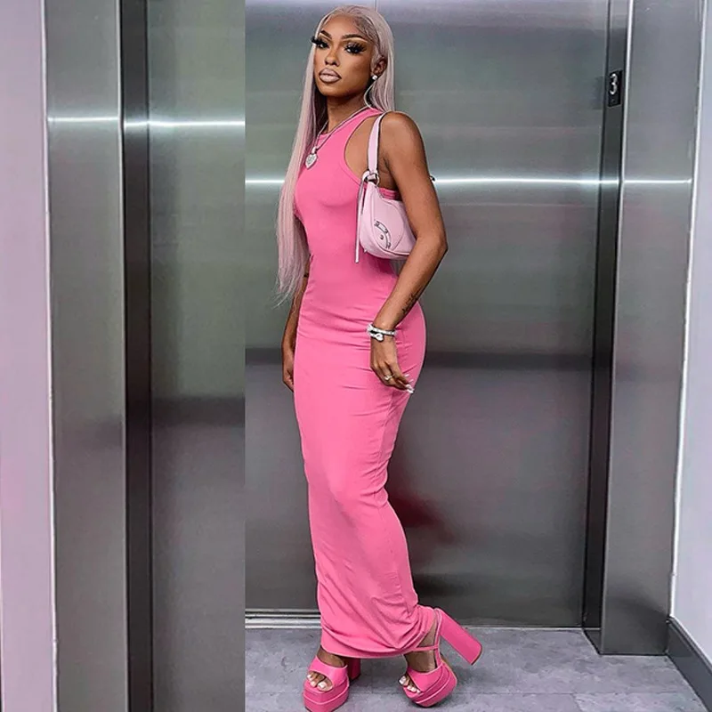 Hugcitar Ribbed Sexy Y2K Clothes Sleeveless Bodycon Maxi Dresses For Women Club Birthday Party Streetwear Elegant Outfits