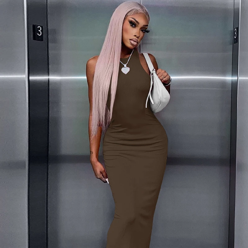 Hugcitar Ribbed Sexy Y2K Clothes Sleeveless Bodycon Maxi Dresses For Women Club Birthday Party Streetwear Elegant Outfits