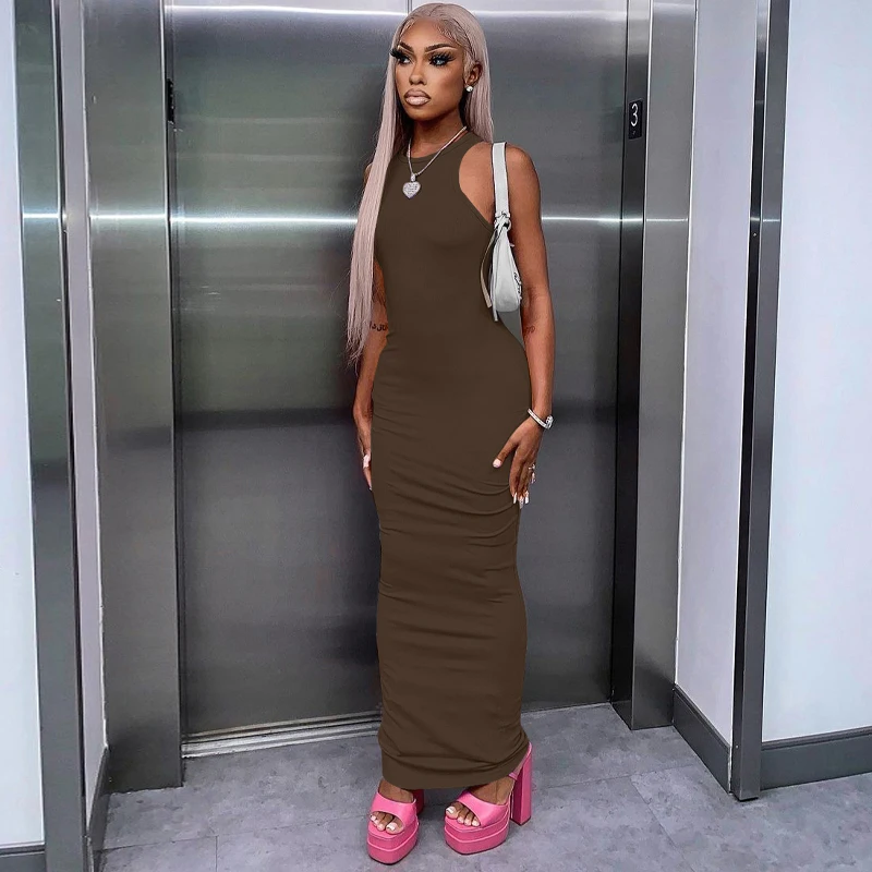Hugcitar Ribbed Sexy Y2K Clothes Sleeveless Bodycon Maxi Dresses For Women Club Birthday Party Streetwear Elegant Outfits