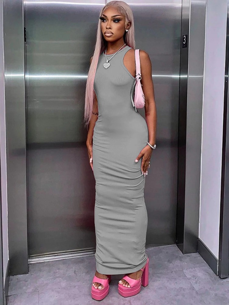 Hugcitar Ribbed Sexy Y2K Clothes Sleeveless Bodycon Maxi Dresses For Women Club Birthday Party Streetwear Elegant Outfits