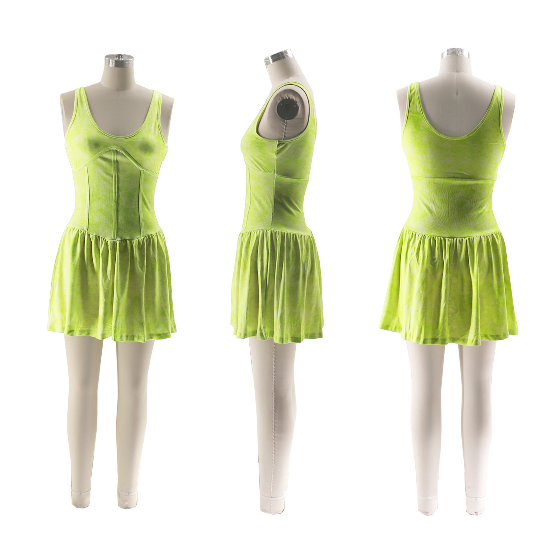 CM.YAYA Women Sleeveless O-neck Pleated Ruched Dress 2024 Summer Beach Sexy Evening Night Club Party Washed Printed Mini Dresses