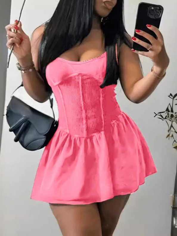 CM.YAYA Women Sleeveless O-neck Pleated Ruched Dress 2024 Summer Beach Sexy Evening Night Club Party Washed Printed Mini Dresses