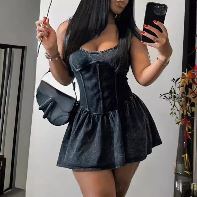 CM.YAYA Women Sleeveless O-neck Pleated Ruched Dress 2024 Summer Beach Sexy Evening Night Club Party Washed Printed Mini Dresses