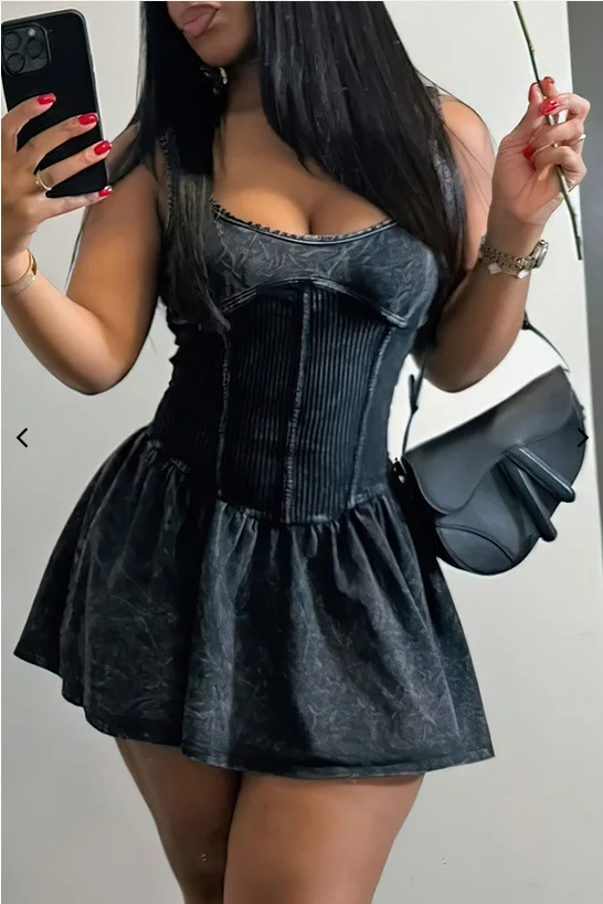 CM.YAYA Women Sleeveless O-neck Pleated Ruched Dress 2024 Summer Beach Sexy Evening Night Club Party Washed Printed Mini Dresses