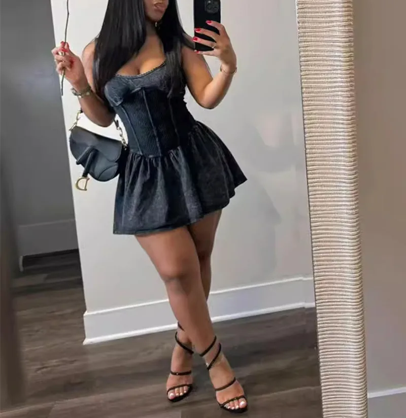 CM.YAYA Women Sleeveless O-neck Pleated Ruched Dress 2024 Summer Beach Sexy Evening Night Club Party Washed Printed Mini Dresses