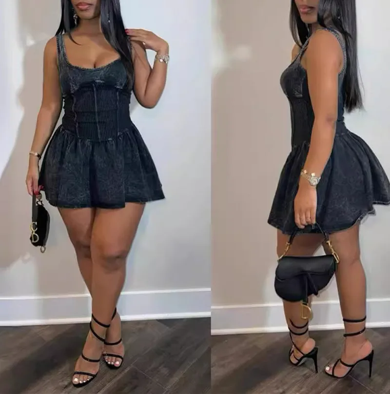 CM.YAYA Women Sleeveless O-neck Pleated Ruched Dress 2024 Summer Beach Sexy Evening Night Club Party Washed Printed Mini Dresses