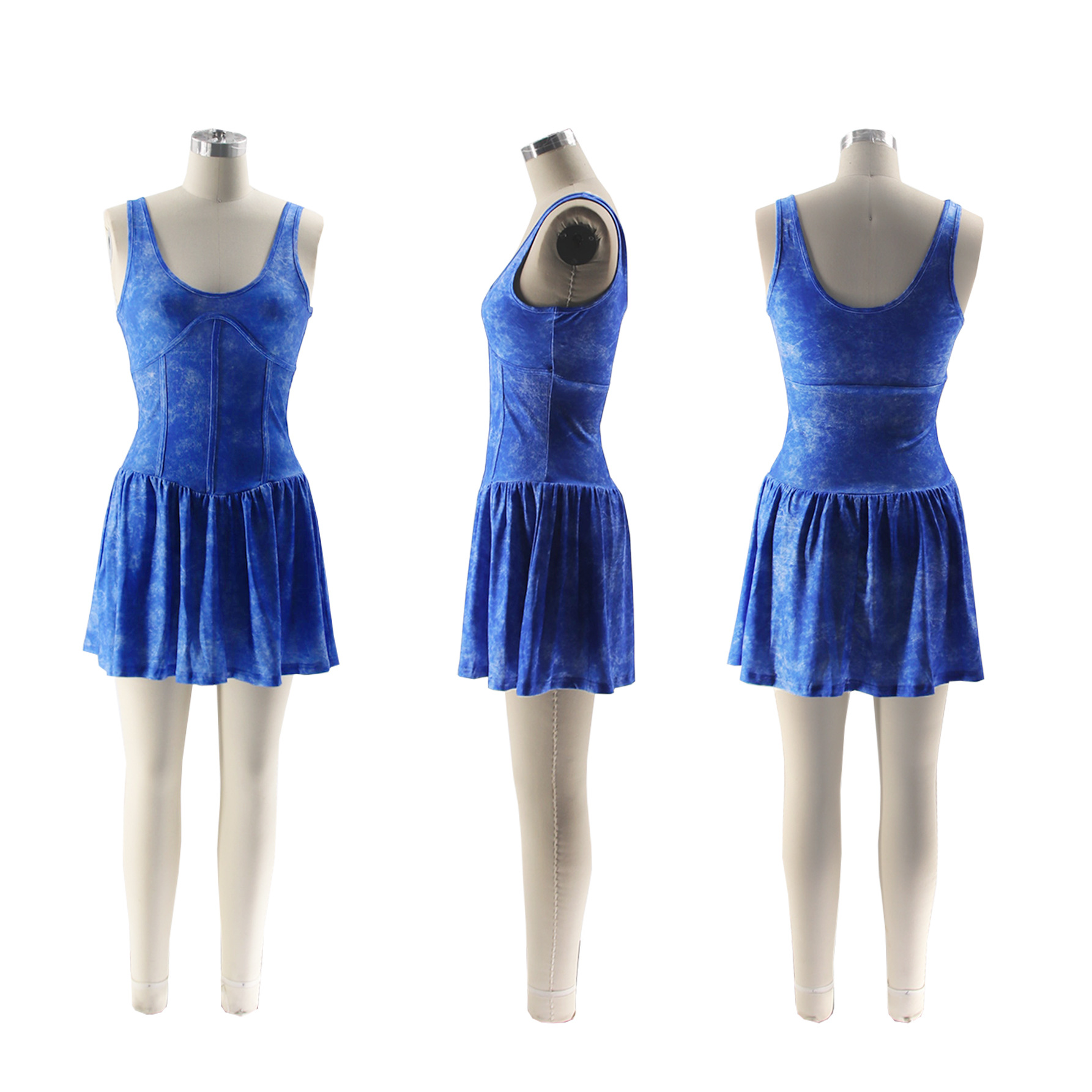 CM.YAYA Women Sleeveless O-neck Pleated Ruched Dress 2024 Summer Beach Sexy Evening Night Club Party Washed Printed Mini Dresses