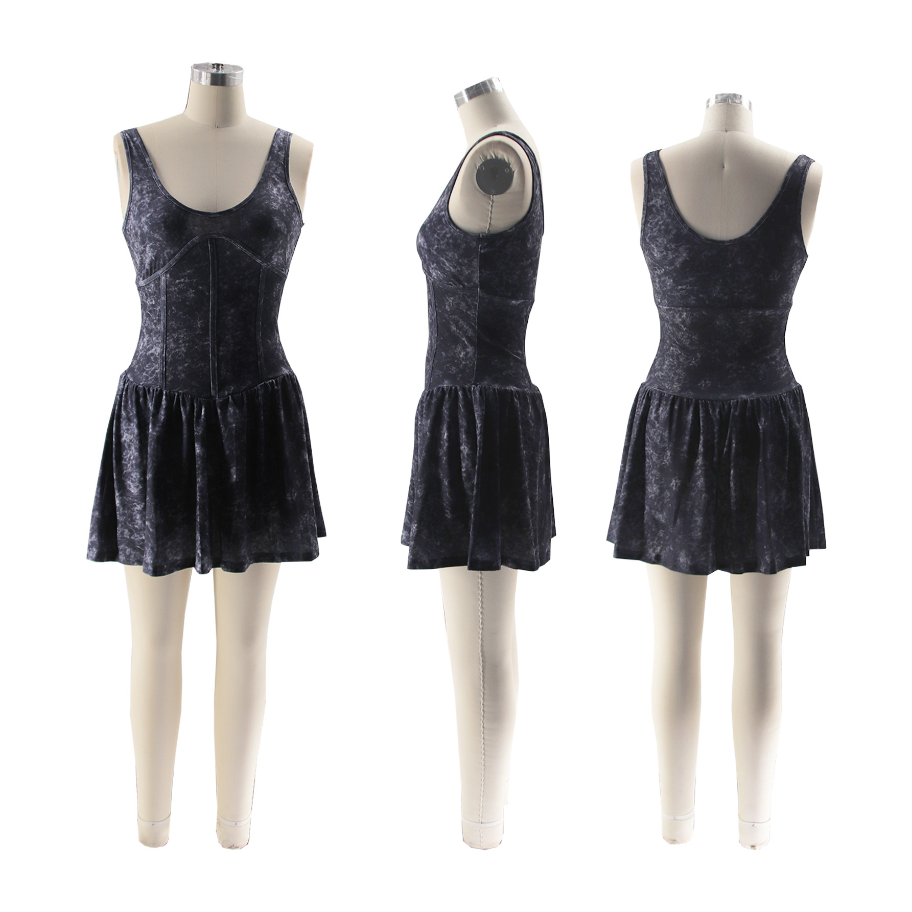 CM.YAYA Women Sleeveless O-neck Pleated Ruched Dress 2024 Summer Beach Sexy Evening Night Club Party Washed Printed Mini Dresses