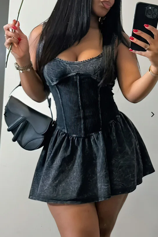 CM.YAYA Women Sleeveless O-neck Pleated Ruched Dress 2024 Summer Beach Sexy Evening Night Club Party Washed Printed Mini Dresses