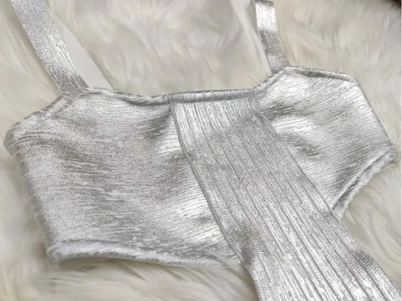 Women's Sexy Backless Hollow Out Midi Gold Silver Bronzing Bodycon Bandage Dress 2024 Summer Elegant Evening Club Party Dress