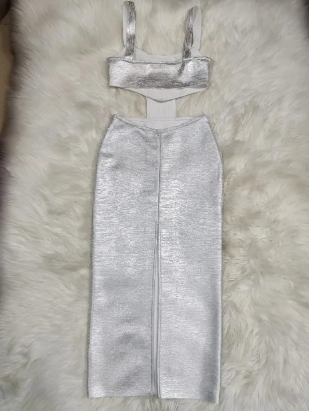 Women's Sexy Backless Hollow Out Midi Gold Silver Bronzing Bodycon Bandage Dress 2024 Summer Elegant Evening Club Party Dress