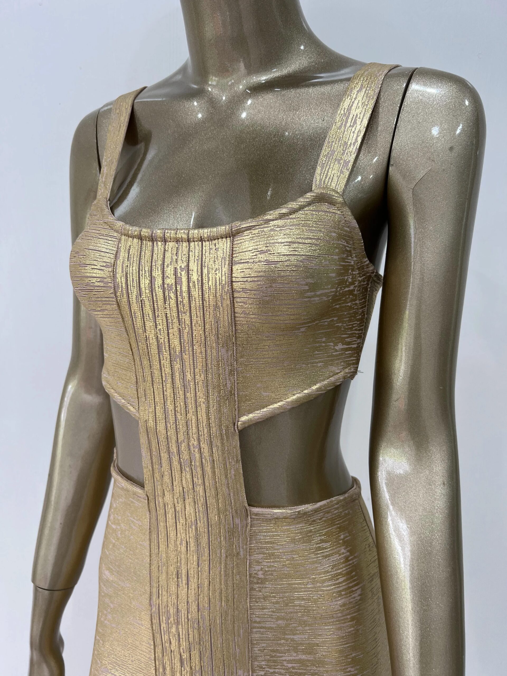 Women's Sexy Backless Hollow Out Midi Gold Silver Bronzing Bodycon Bandage Dress 2024 Summer Elegant Evening Club Party Dress