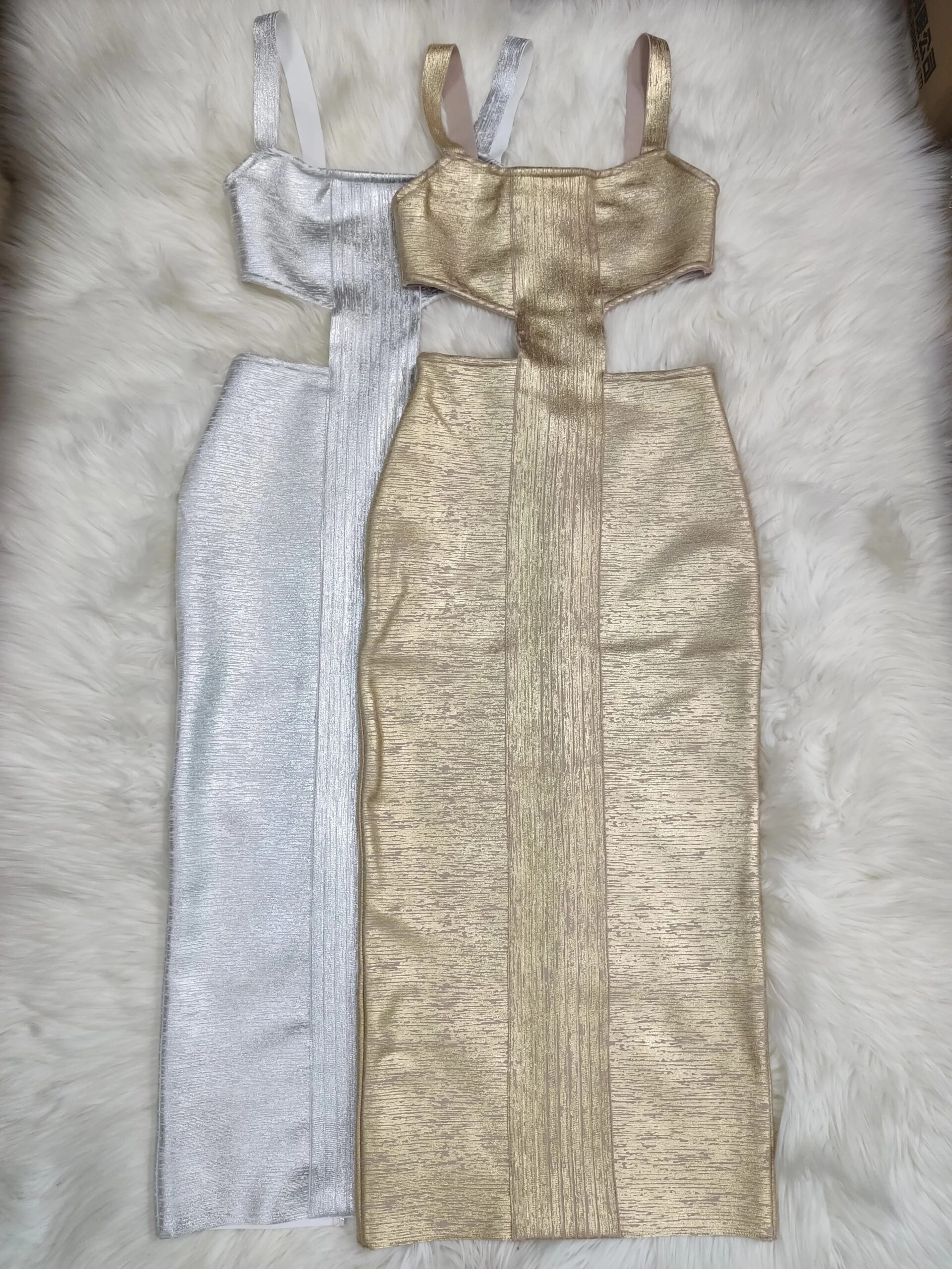 Women's Sexy Backless Hollow Out Midi Gold Silver Bronzing Bodycon Bandage Dress 2024 Summer Elegant Evening Club Party Dress