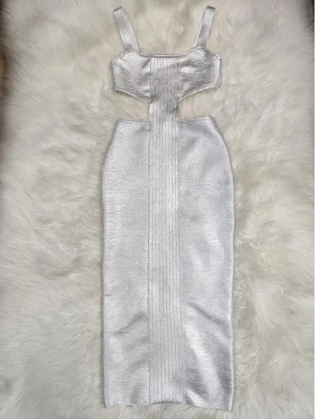 Women's Sexy Backless Hollow Out Midi Gold Silver Bronzing Bodycon Bandage Dress 2024 Summer Elegant Evening Club Party Dress