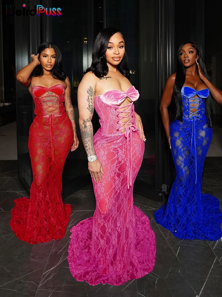 Weird Puss Sexy Party Dress Women Mesh Patchwork Strapless Shirring Hollow Coquette Banquet Elegant Summer Trend Maxi Bodycon Weird Puss Sexy Party Dress Women Mesh Patchwork Strapless Shirring Hollow Coquette Banquet Elegant Summer Trend Maxi Bodycon