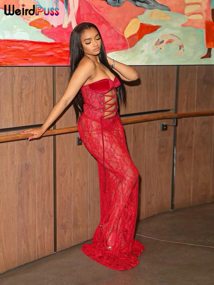 Weird Puss Sexy Party Dress Women Mesh Patchwork Strapless Shirring Hollow Coquette Banquet Elegant Summer Trend Maxi Bodycon Weird Puss Sexy Party Dress Women Mesh Patchwork Strapless Shirring Hollow Coquette Banquet Elegant Summer Trend Maxi Bodycon