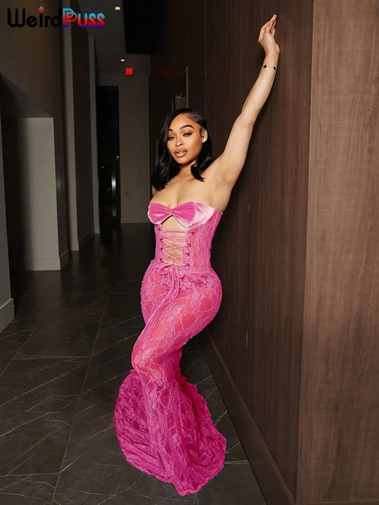 Weird Puss Sexy Party Dress Women Mesh Patchwork Strapless Shirring Hollow Coquette Banquet Elegant Summer Trend Maxi Bodycon Weird Puss Sexy Party Dress Women Mesh Patchwork Strapless Shirring Hollow Coquette Banquet Elegant Summer Trend Maxi Bodycon