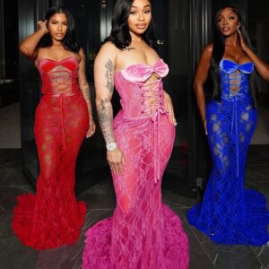 Weird Puss Sexy Party Dress Women Mesh Patchwork Strapless Shirring Hollow Coquette Banquet Elegant Summer Trend Maxi Bodycon