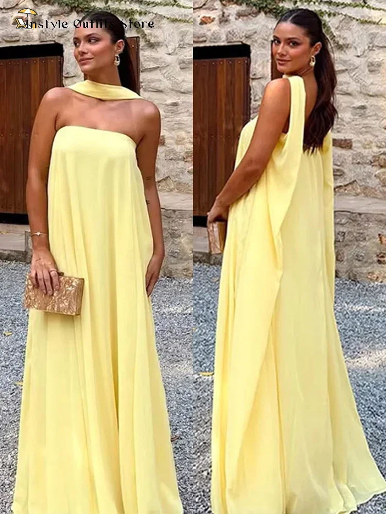 Casual Halter Long Dress Women Loose Spring Summer Tube Top Backless Floor-length Dresses Lady Yellow Robe Woman Holiday Stylish - Image 2