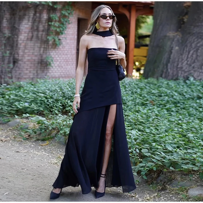 Casual Halter Long Dress Women Loose Spring Summer Tube Top Backless Floor-length Dresses Lady Yellow Robe Woman Holiday Stylish Casual Halter Long Dress Women Loose Spring Summer Tube Top Backless Floor-length Dresses Lady Yellow Robe Woman Holiday Stylish