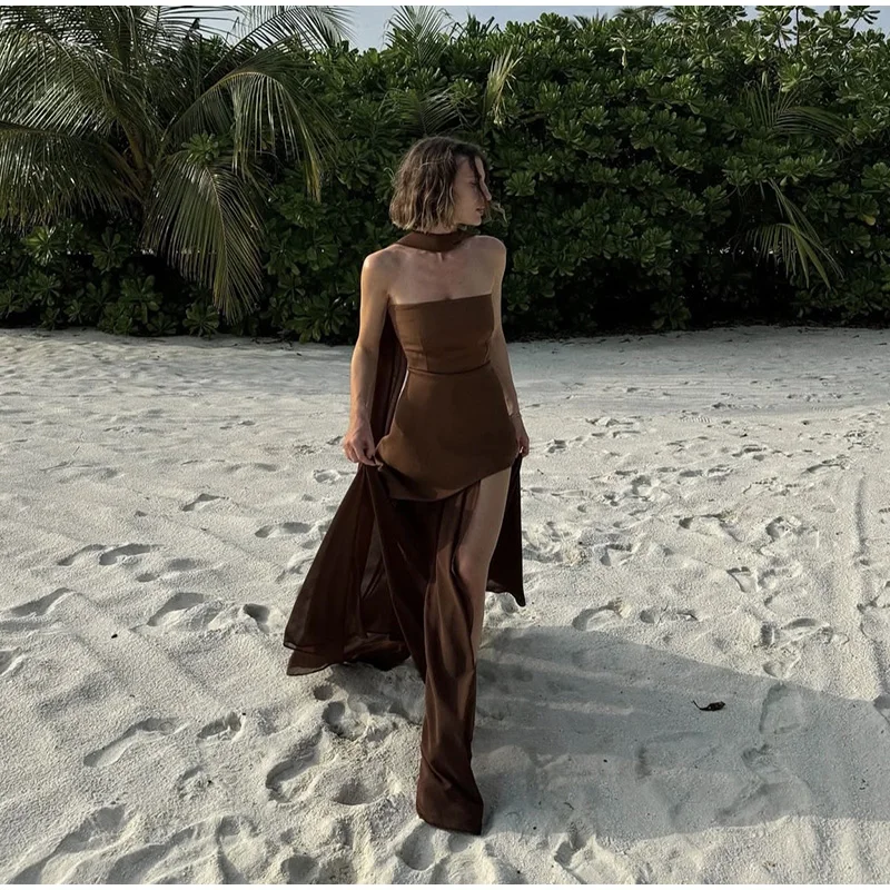 Casual Halter Long Dress Women Loose Spring Summer Tube Top Backless Floor-length Dresses Lady Yellow Robe Woman Holiday Stylish Casual Halter Long Dress Women Loose Spring Summer Tube Top Backless Floor-length Dresses Lady Yellow Robe Woman Holiday Stylish