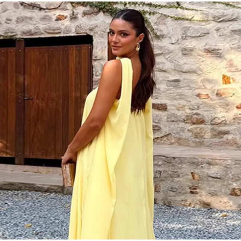 Casual Halter Long Dress Women Loose Spring Summer Tube Top Backless Floor-length Dresses Lady Yellow Robe Woman Holiday Stylish Casual Halter Long Dress Women Loose Spring Summer Tube Top Backless Floor-length Dresses Lady Yellow Robe Woman Holiday Stylish
