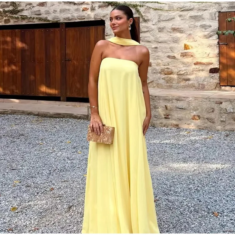 Casual Halter Long Dress Women Loose Spring Summer Tube Top Backless Floor-length Dresses Lady Yellow Robe Woman Holiday Stylish Casual Halter Long Dress Women Loose Spring Summer Tube Top Backless Floor-length Dresses Lady Yellow Robe Woman Holiday Stylish