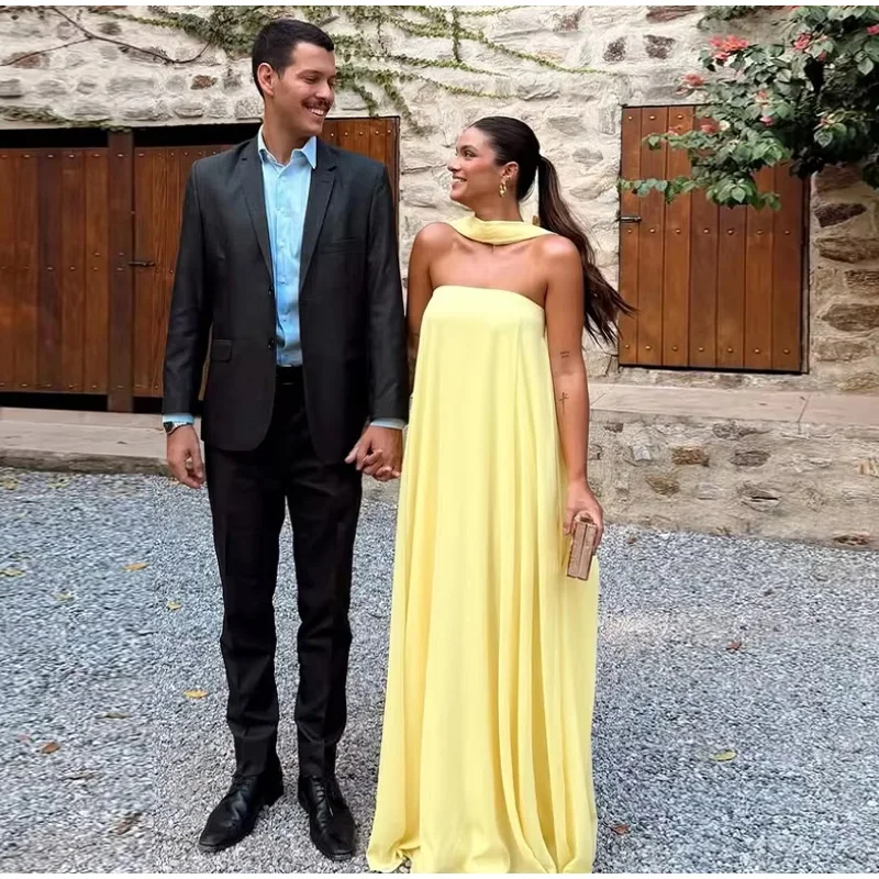 Casual Halter Long Dress Women Loose Spring Summer Tube Top Backless Floor-length Dresses Lady Yellow Robe Woman Holiday Stylish Casual Halter Long Dress Women Loose Spring Summer Tube Top Backless Floor-length Dresses Lady Yellow Robe Woman Holiday Stylish