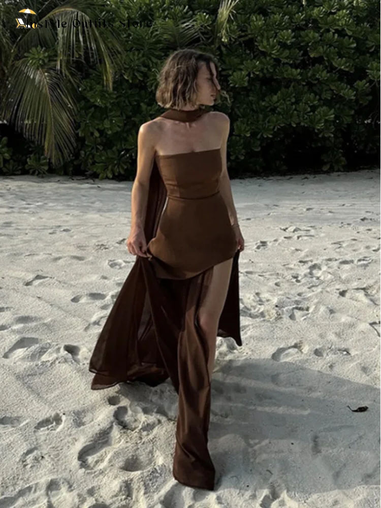 Casual Halter Long Dress Women Loose Spring Summer Tube Top Backless Floor-length Dresses Lady Yellow Robe Woman Holiday Stylish - Image 4