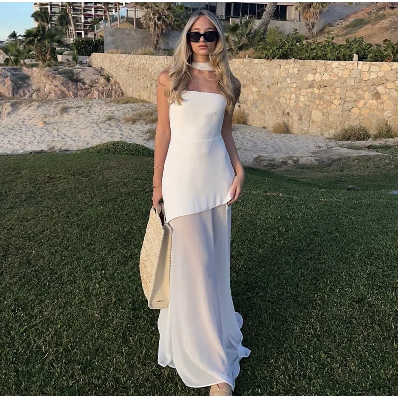 Casual Halter Long Dress Women Loose Spring Summer Tube Top Backless Floor-length Dresses Lady Yellow Robe Woman Holiday Stylish Casual Halter Long Dress Women Loose Spring Summer Tube Top Backless Floor-length Dresses Lady Yellow Robe Woman Holiday Stylish