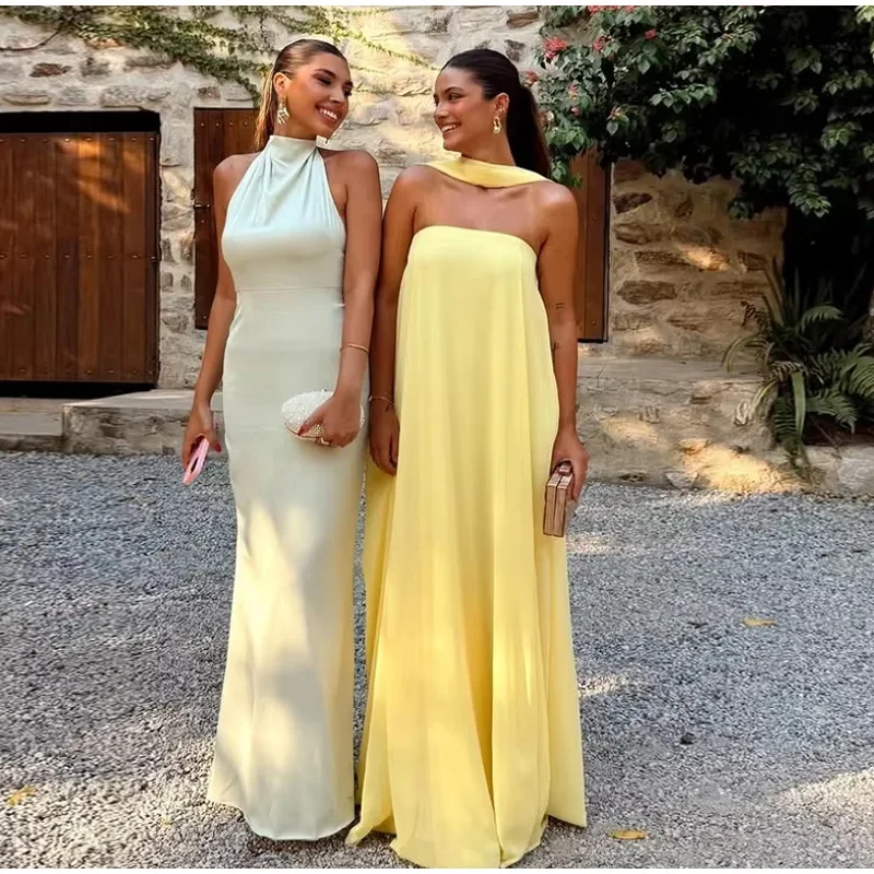 Casual Halter Long Dress Women Loose Spring Summer Tube Top Backless Floor-length Dresses Lady Yellow Robe Woman Holiday Stylish Casual Halter Long Dress Women Loose Spring Summer Tube Top Backless Floor-length Dresses Lady Yellow Robe Woman Holiday Stylish