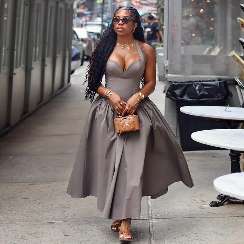 CM.YAYA 2024 Summer Sleeveless Sweet Strapless Slim Halter Floor-Length Long Women Dress Beach Party Evening Sexy Maxi Dresses