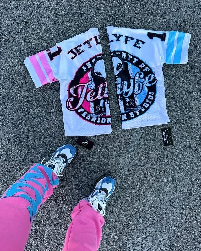 Retro Hip-hop Sports Style Color Blocking Printed Couple T-shirt for Men Mesh Breathable High-quality Y2K Short Sleeved Jersey