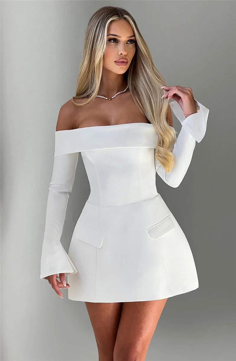Mozision Off-shoulder Long Sleeve Sexy Mini Dress For Women Two Pocket Strapless Backless A-line Club Party Sexy Dress Elegant Mozision Off-shoulder Long Sleeve Sexy Mini Dress For Women Two Pocket Strapless Backless A-line Club Party Sexy Dress Elegant