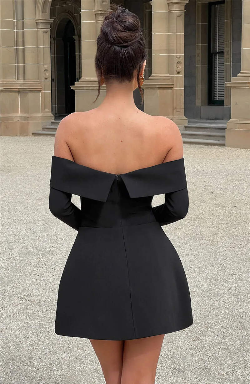 Mozision Off-shoulder Long Sleeve Sexy Mini Dress For Women Two Pocket Strapless Backless A-line Club Party Sexy Dress Elegant Mozision Off-shoulder Long Sleeve Sexy Mini Dress For Women Two Pocket Strapless Backless A-line Club Party Sexy Dress Elegant
