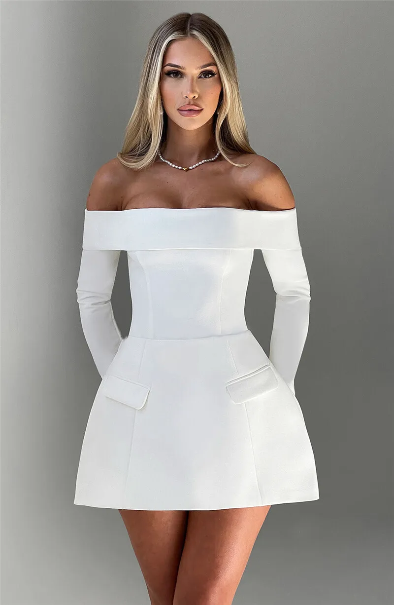 Mozision Off-shoulder Long Sleeve Sexy Mini Dress For Women Two Pocket Strapless Backless A-line Club Party Sexy Dress Elegant Mozision Off-shoulder Long Sleeve Sexy Mini Dress For Women Two Pocket Strapless Backless A-line Club Party Sexy Dress Elegant