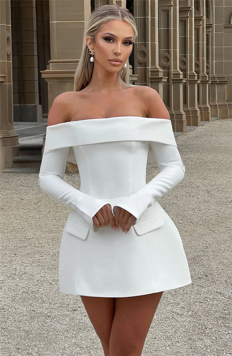 Mozision Off-shoulder Long Sleeve Sexy Mini Dress For Women Two Pocket Strapless Backless A-line Club Party Sexy Dress Elegant Mozision Off-shoulder Long Sleeve Sexy Mini Dress For Women Two Pocket Strapless Backless A-line Club Party Sexy Dress Elegant