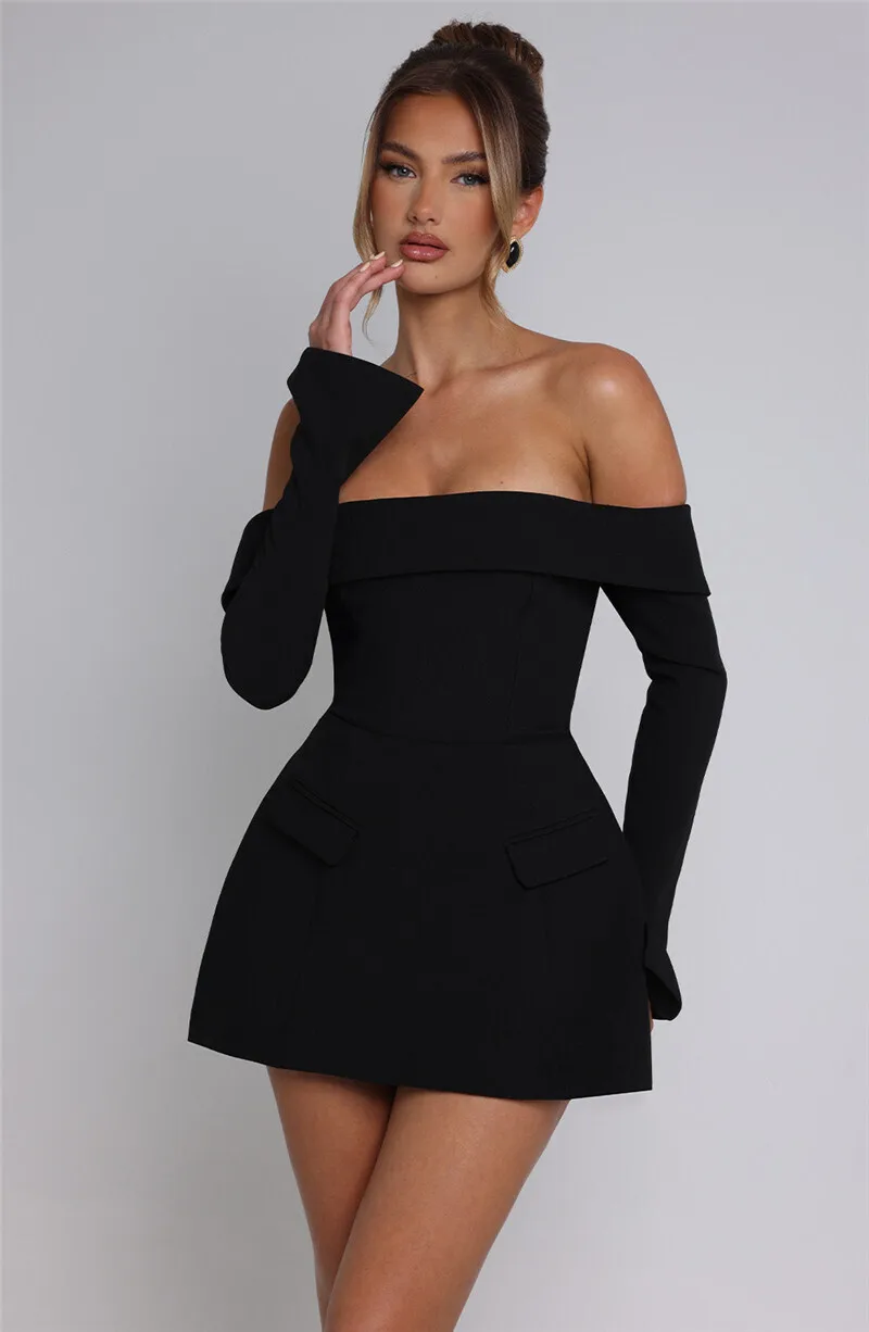 Mozision Off-shoulder Long Sleeve Sexy Mini Dress For Women Two Pocket Strapless Backless A-line Club Party Sexy Dress Elegant Mozision Off-shoulder Long Sleeve Sexy Mini Dress For Women Two Pocket Strapless Backless A-line Club Party Sexy Dress Elegant