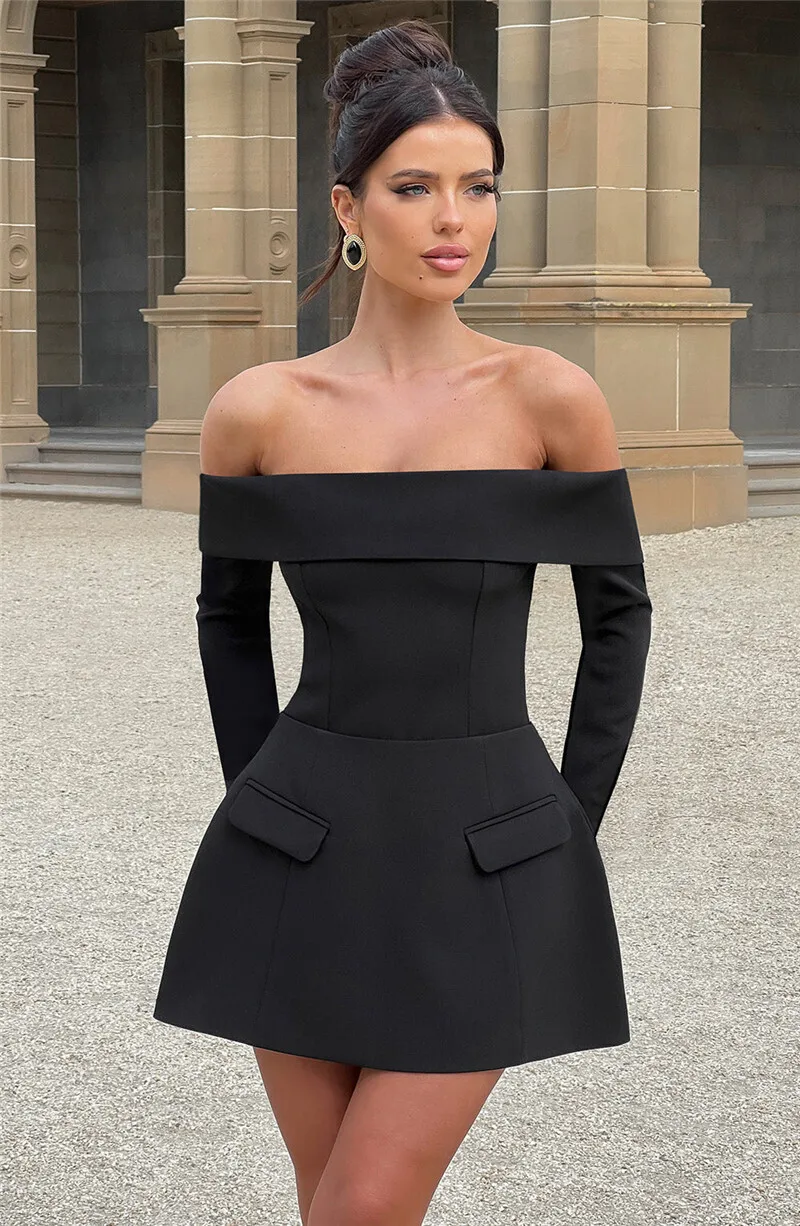 Mozision Off-shoulder Long Sleeve Sexy Mini Dress For Women Two Pocket Strapless Backless A-line Club Party Sexy Dress Elegant Mozision Off-shoulder Long Sleeve Sexy Mini Dress For Women Two Pocket Strapless Backless A-line Club Party Sexy Dress Elegant