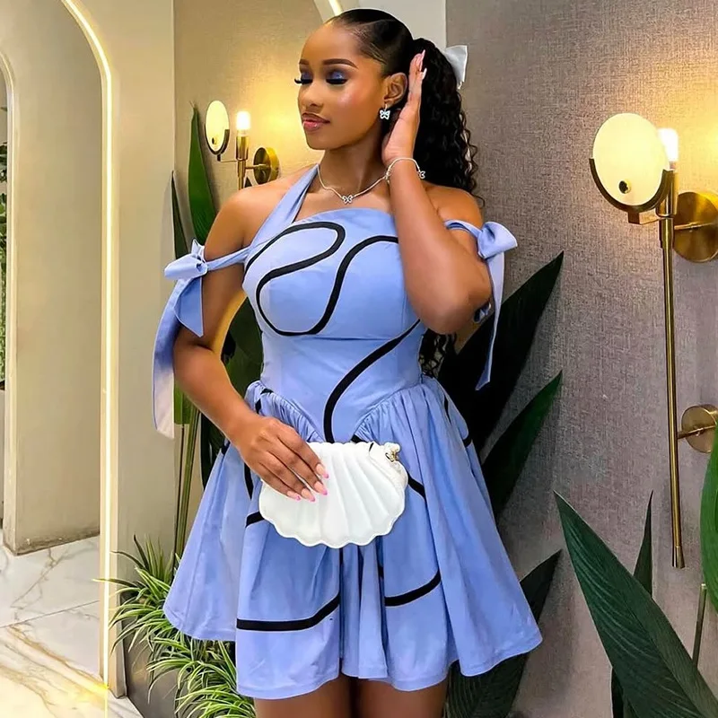 CM.YAYA Summer Women Bowknot Shoulder Halter Neck Geometric Striped Big Swing Dress Streetwear Night Club Party Dresses Vestidos CM.YAYA Summer Women Bowknot Shoulder Halter Neck Geometric Striped Big Swing Dress Streetwear Night Club Party Dresses Vestidos